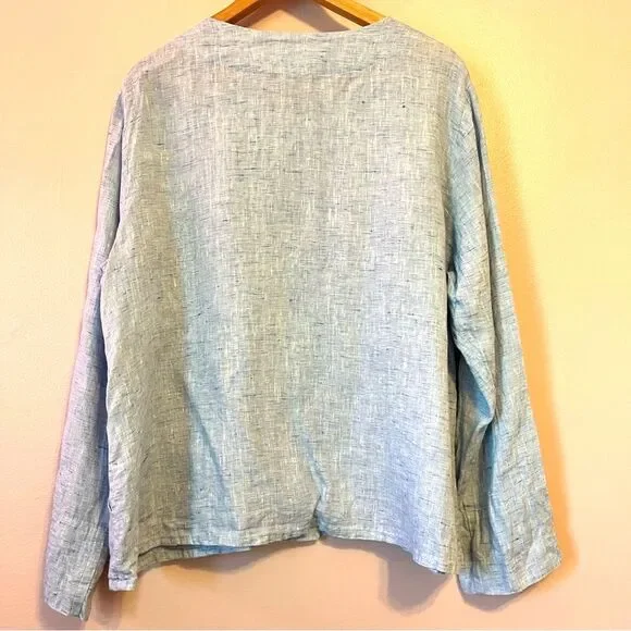 FLAX Linen Medium Carolina Blue Shirt Long Sleeve Button Front Coastal Summer - Picture 4 of 8